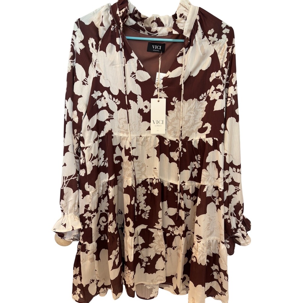 Vici Exclusive X Fate Mini Dress‎ Longsleeve Wine Cream Lined Silky NWT XS
